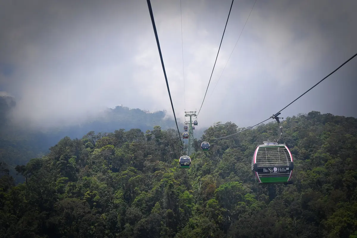 Cable car line running over forested slopes in drifting fog