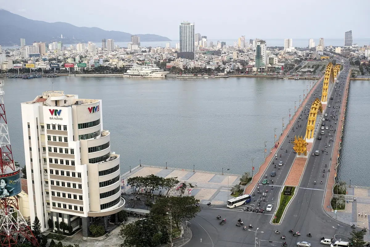 Dragon bridge crossing the river in Da Nang seen from a height
