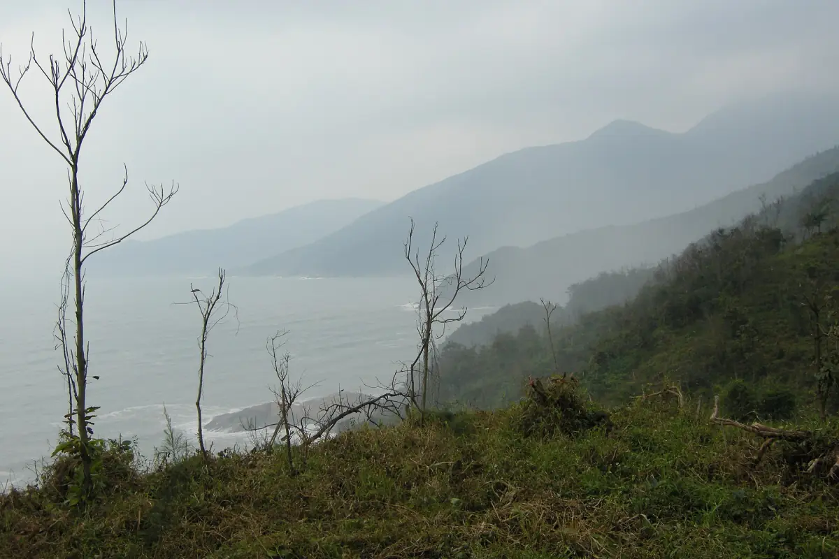 Misty slopes of the pass above the sea in soft haze